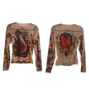 Y2K Vintage Miami Ink Skull Snake Tattoo Sheer Micro Mesh Top S/M Long Sleeve